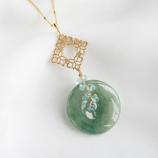 Unique Jade with Peranakan Tile and Aquamarine Vine Necklace - GJN2