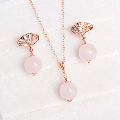 Gingko Rose Quartz Earrings and Necklace Set