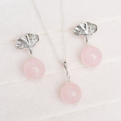 Gingko Rose Quartz Earrings and Necklace Set