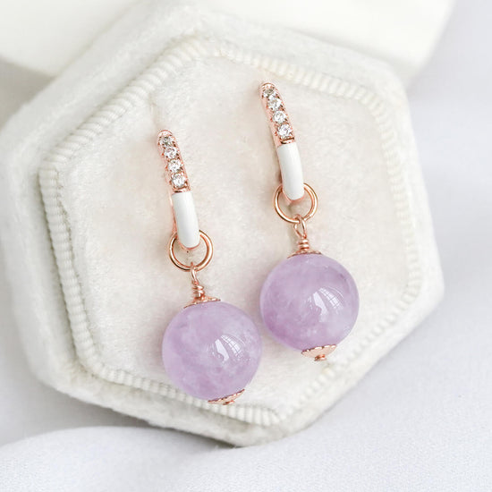White Enamel Glow Hoops with Pink Amethyst