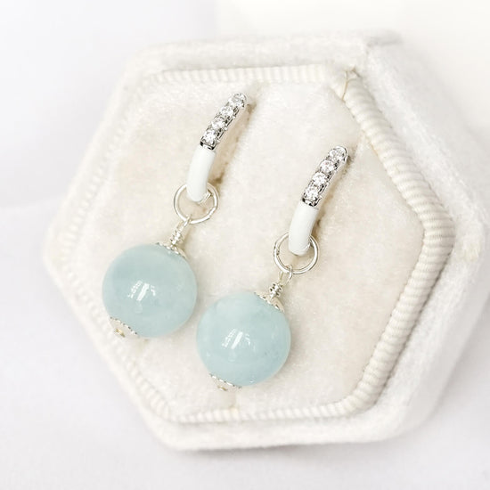 White Enamel Glow Hoops with Aquamarine