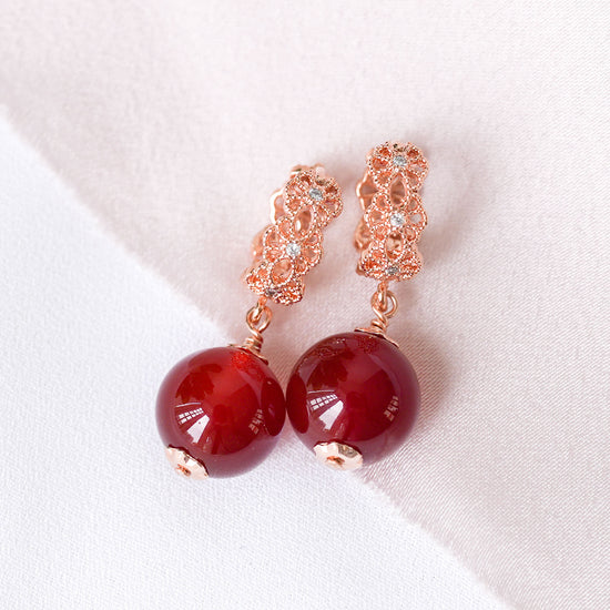 Intricate Ear Hoops with Red Agate