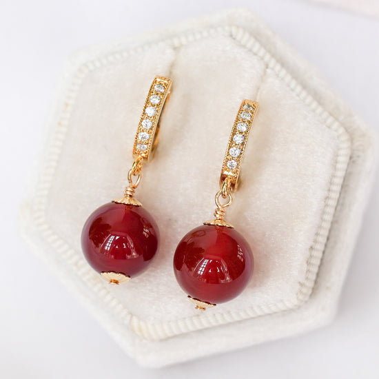 CZ Hoop Earrings with Red Agate