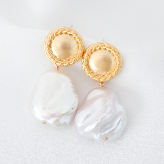 Medallion Ear Studs with White Keshi Pearls