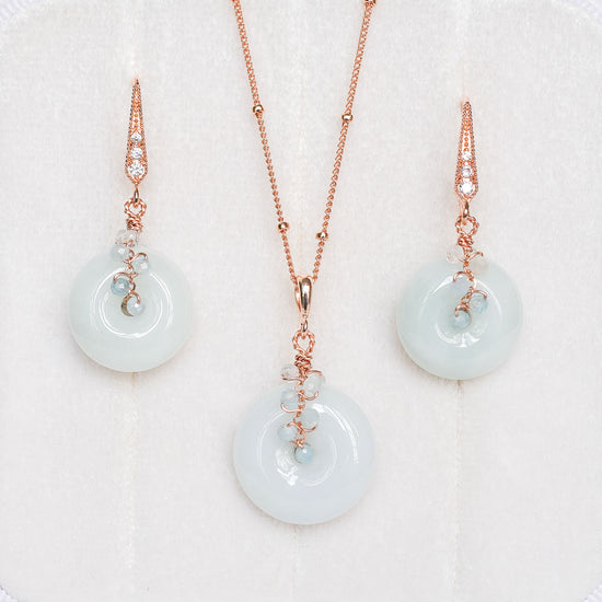Light Green Jade with Aquamarine Vine Earrings and Necklace Set