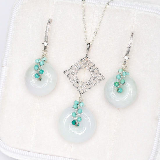 Light Green Jade with Turquoise Vine Earrings and Necklace Set