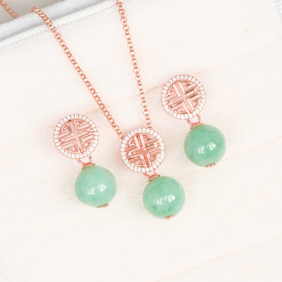 Prosperity Green Jade Earrings and Necklace Set