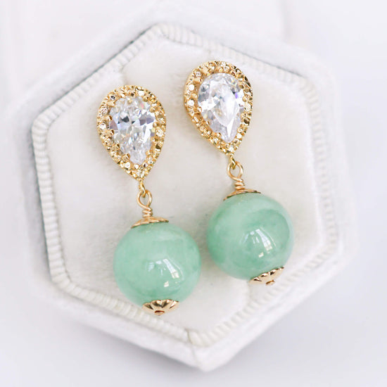 Large Dewdrop Ear Studs with Green Jade