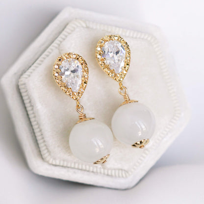 Large Dewdrop Ear Studs with White Jade