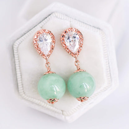 Large Dewdrop Ear Studs with Green Jade