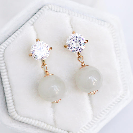 Solitaire CZ Ear Studs with Oat Jade