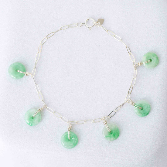 Lucky Vivid Green Jade Donut Bracelet - Silver