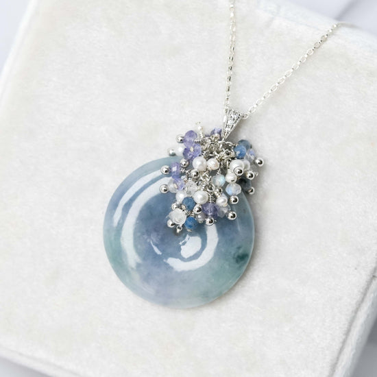 Peacock Blue Jade Donut with Gem Cluster Necklace N101S