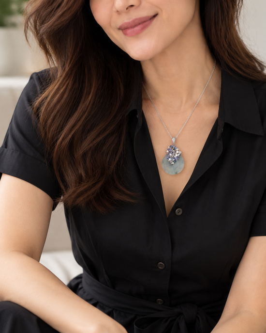 Peacock Blue Jade Donut with Gem Cluster Necklace N101S