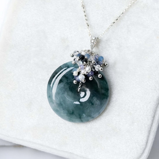 Peacock Blue Jade Donut with Gem Cluster Necklace N102S