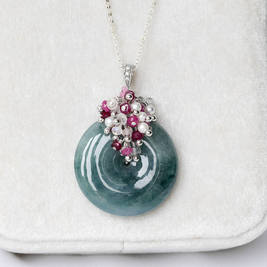 Peacock Blue Jade Donut with Gem Cluster Necklace N103S