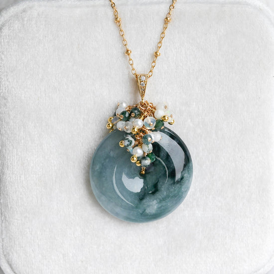 Peacock Blue Jade Donut with Gem Cluster Necklace N106G