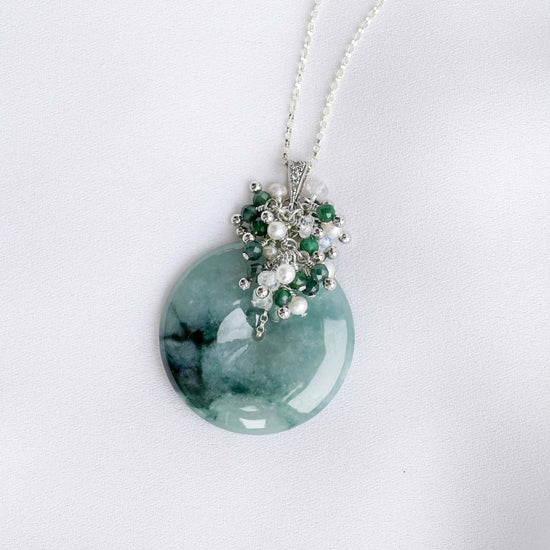 Peacock Blue Jade Donut with Gem Cluster Necklace N108S