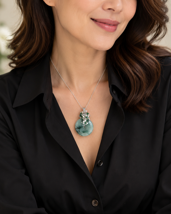 Peacock Blue Jade Donut with Gem Cluster Necklace N108S