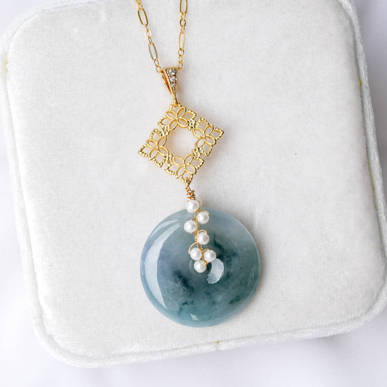 Peacock Blue Jade with Peranakan Tile and Pearl Vine Necklace - N110G
