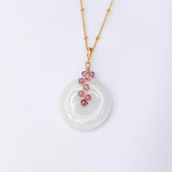 White Jade with Garnet Vine Necklace N1G