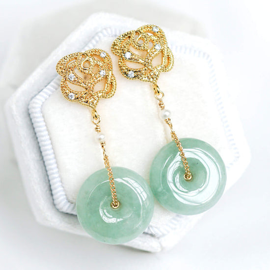 Green Jade with Rose Ear Studs