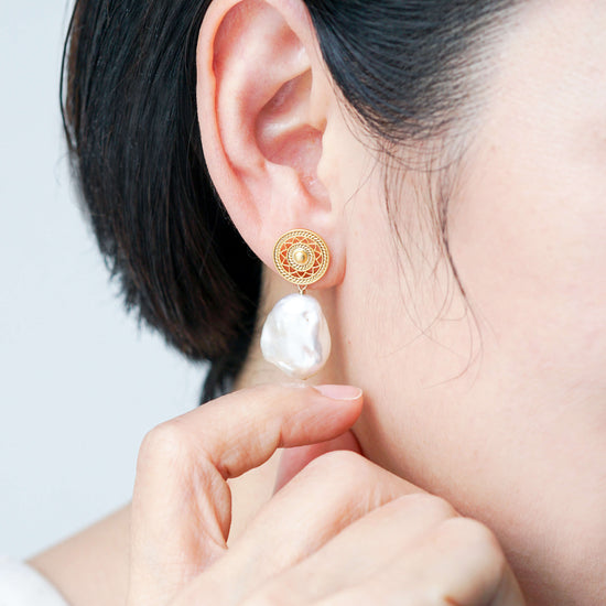 Vintage Sun Medallion Ear Studs with Keshi Pearls