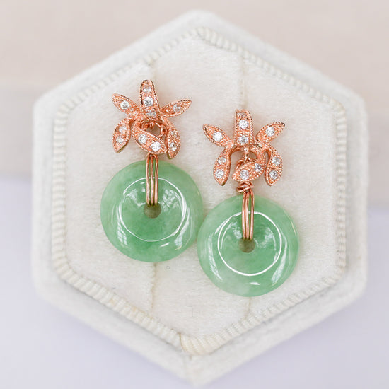 Orchid Ear Studs with Green Jade Donuts