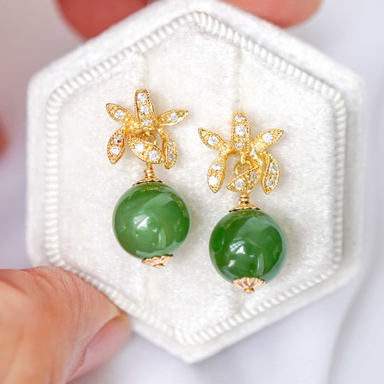 Orchid Ear Studs with Nephrite Jade