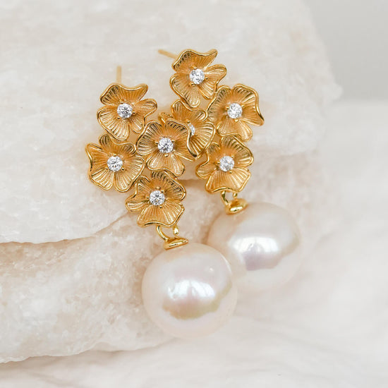 Four Flower Stud Earrings with White Pearls
