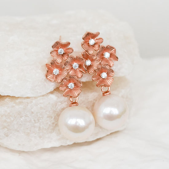 Four Flower Stud Earrings with White Pearls