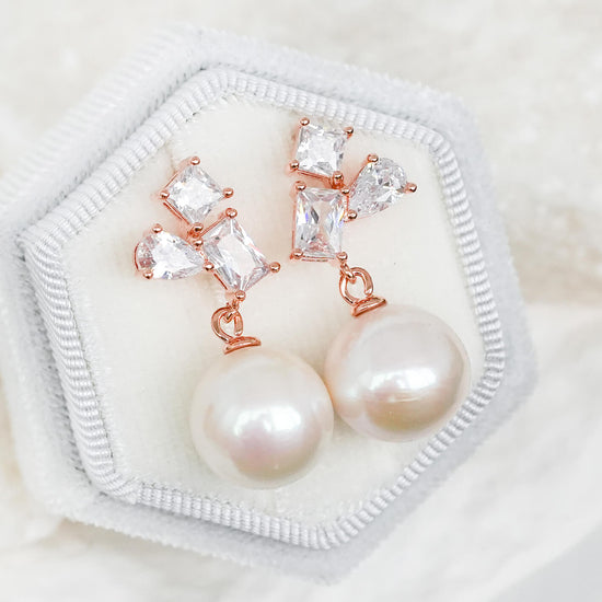 Geometric Stud Earrings with White Pearls