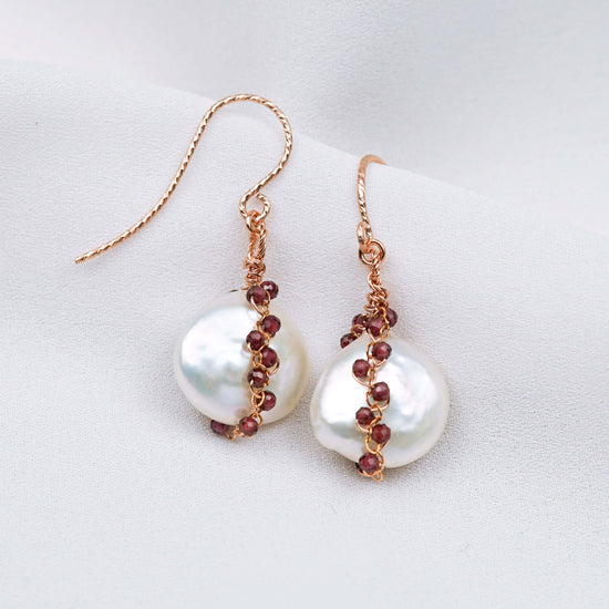 Coin Pearl with Garnet Vine Hook Earrings