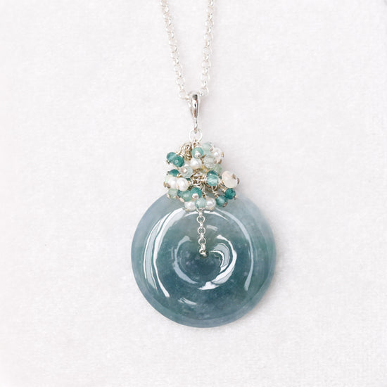 Peacock Blue Jade Donut with Gem Cluster Necklace