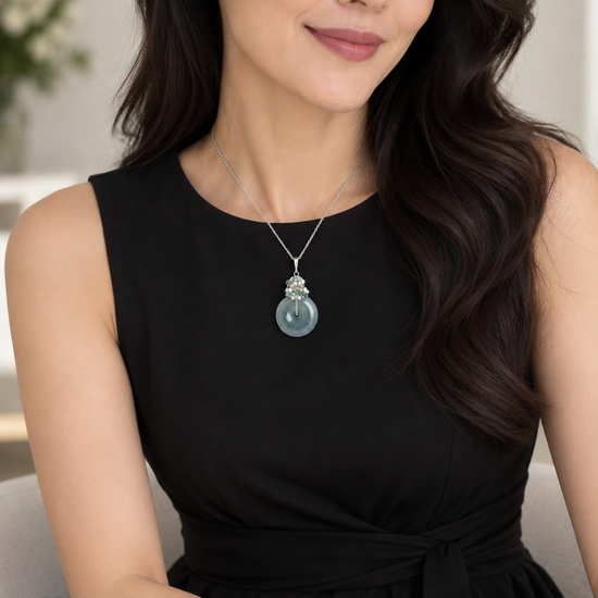 Peacock Blue Jade Donut with Gem Cluster Necklace
