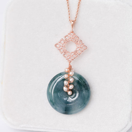 Peacock Blue Jade with Peranakan Tile and Pearl Vine Necklace - N904R