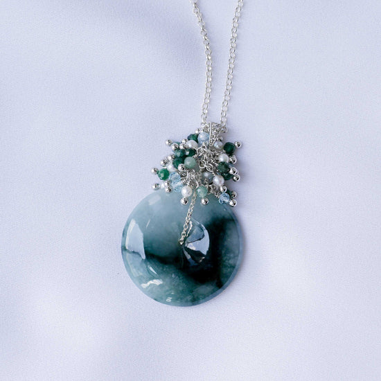 Peacock Blue Jade Donut with Gem Cluster Necklace N906S