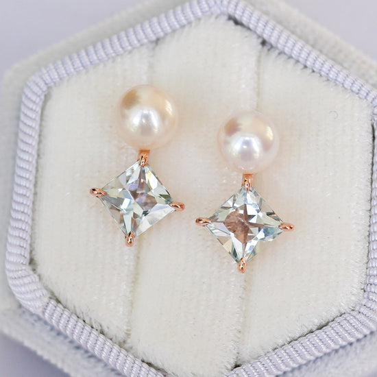 Pearl and Princess Aquamarine Duet Earrings in 14K