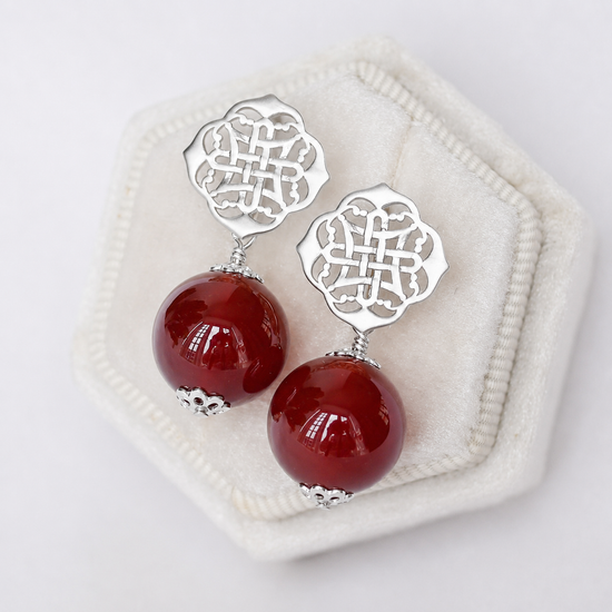 Peranakan Ear Studs with Red Agate