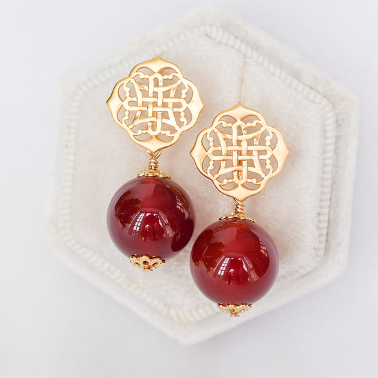 Peranakan Ear Studs with Red Agate
