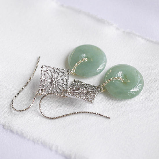 Peranakan Tile Hook Earrings with Sage Green Jade