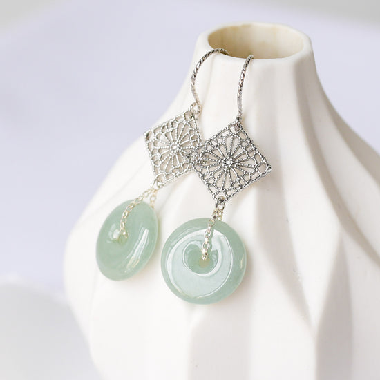 Peranakan Tile Hook Earrings with Sage Green Jade