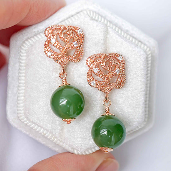 Rose Ear Studs with Nephrite Jade