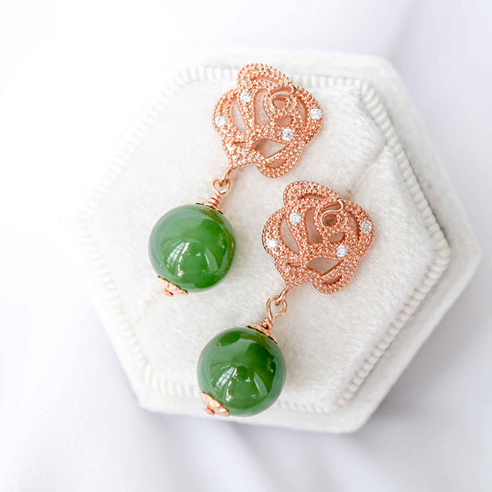 Rose Ear Studs with Nephrite Jade
