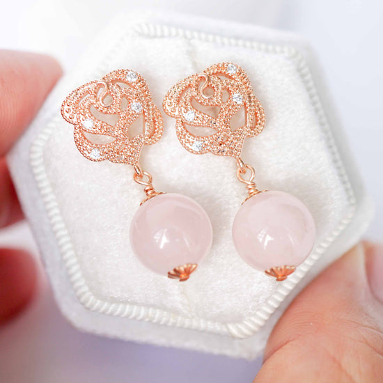 Rose Ear Studs with Rose Quartz