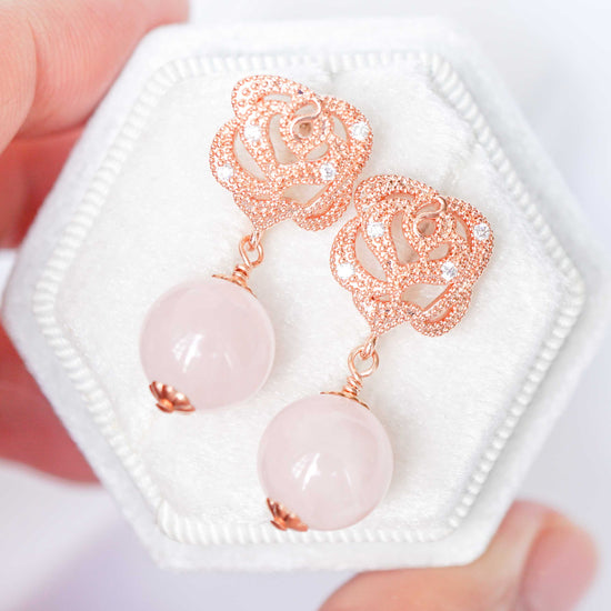 Rose Ear Studs with Rose Quartz