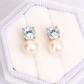 Round Aquamarine and Pearl Duet Earrings in 14K