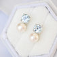 Round Aquamarine and Pearl Duet Earrings in 14K