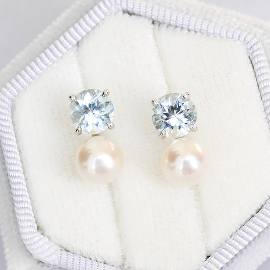 Round Aquamarine and Pearl Duet Earrings in 14K