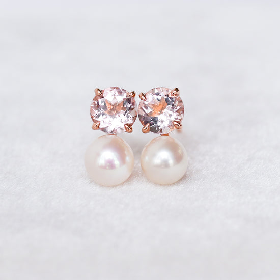 Round Morganite and Pearl Duet Earrings in 14K